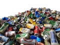 Bangkok, Thailand - June 30, 2021 Pile of aluminum beverage cans from various brands of drinks that are being recycled, isolated Royalty Free Stock Photo